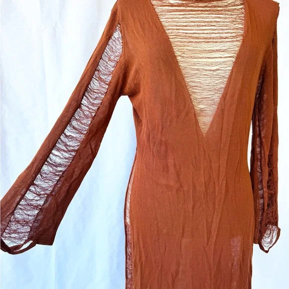 Missguided Rust-Brown Mini Dress with Ripped Texture Cuts. - Picture 2 of 7